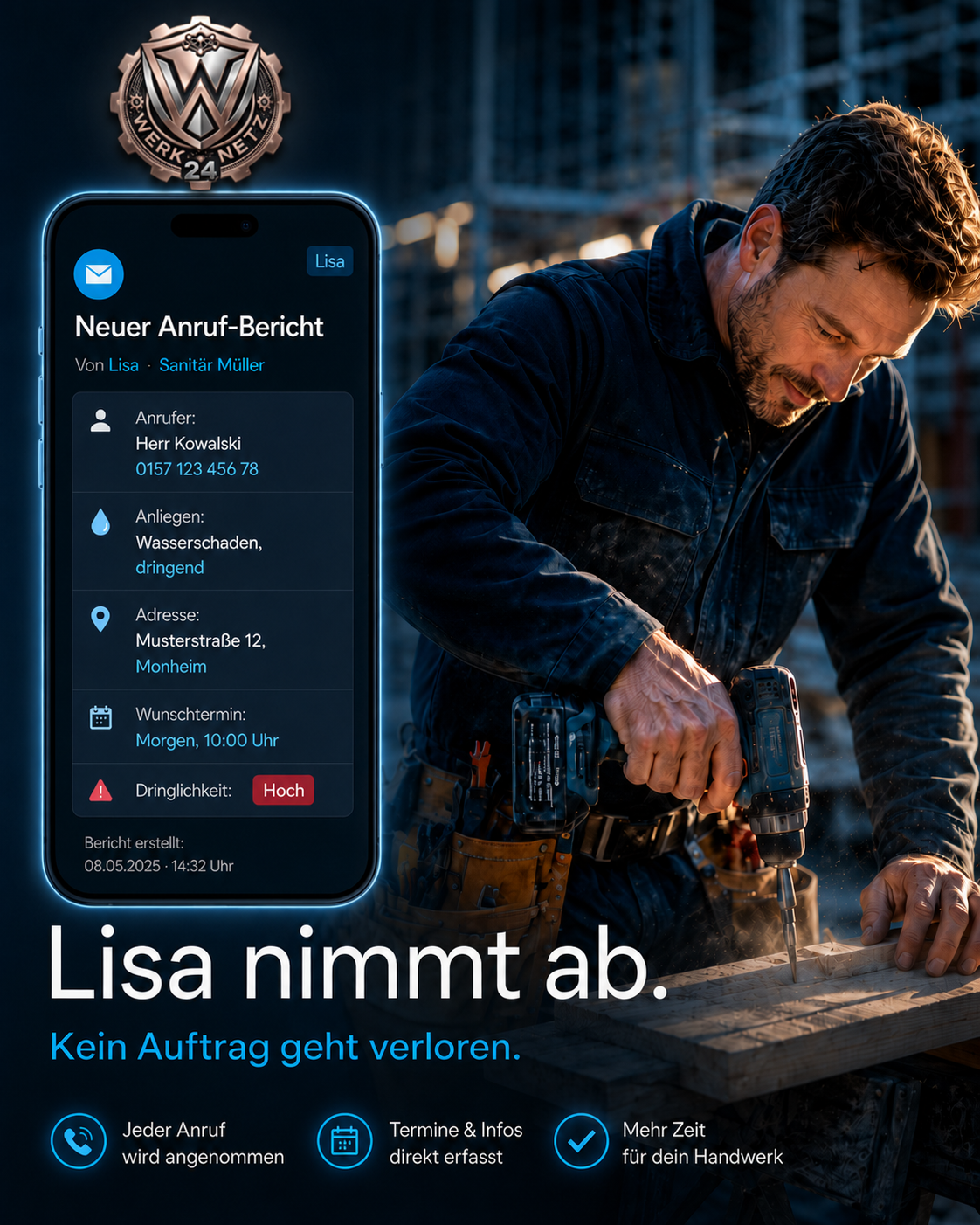 Handwerker bei der Arbeit, während Lisa einen Anruf entgegennimmt