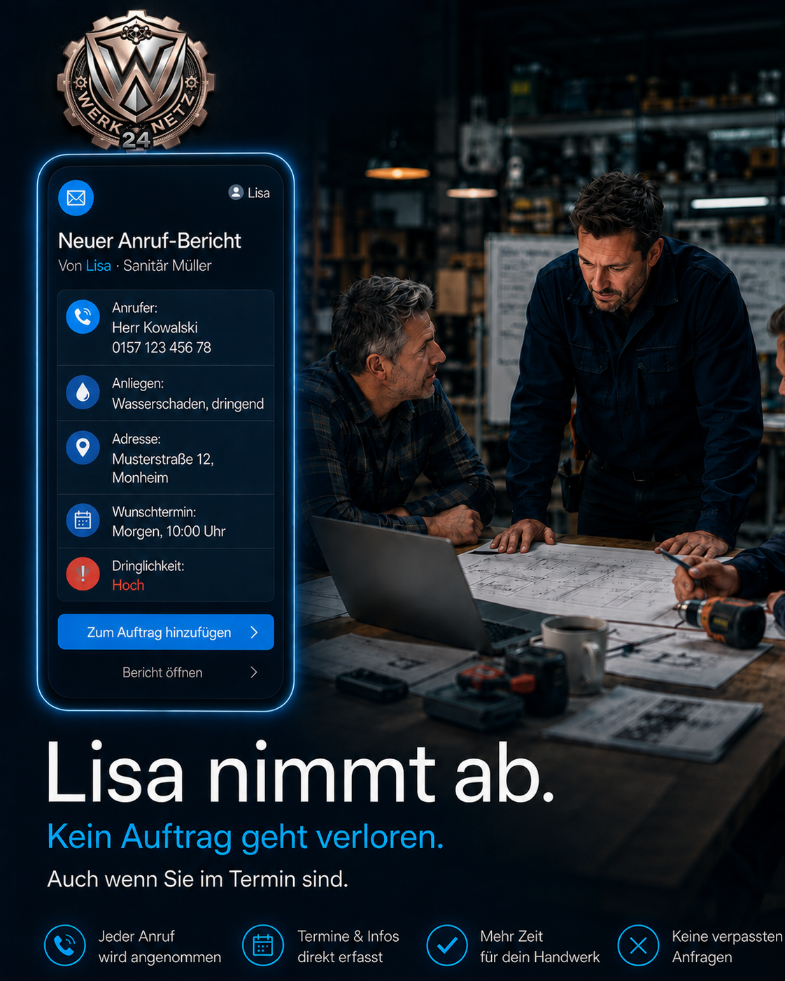 Handwerker in einer Besprechung, während Lisa einen Anruf entgegennimmt