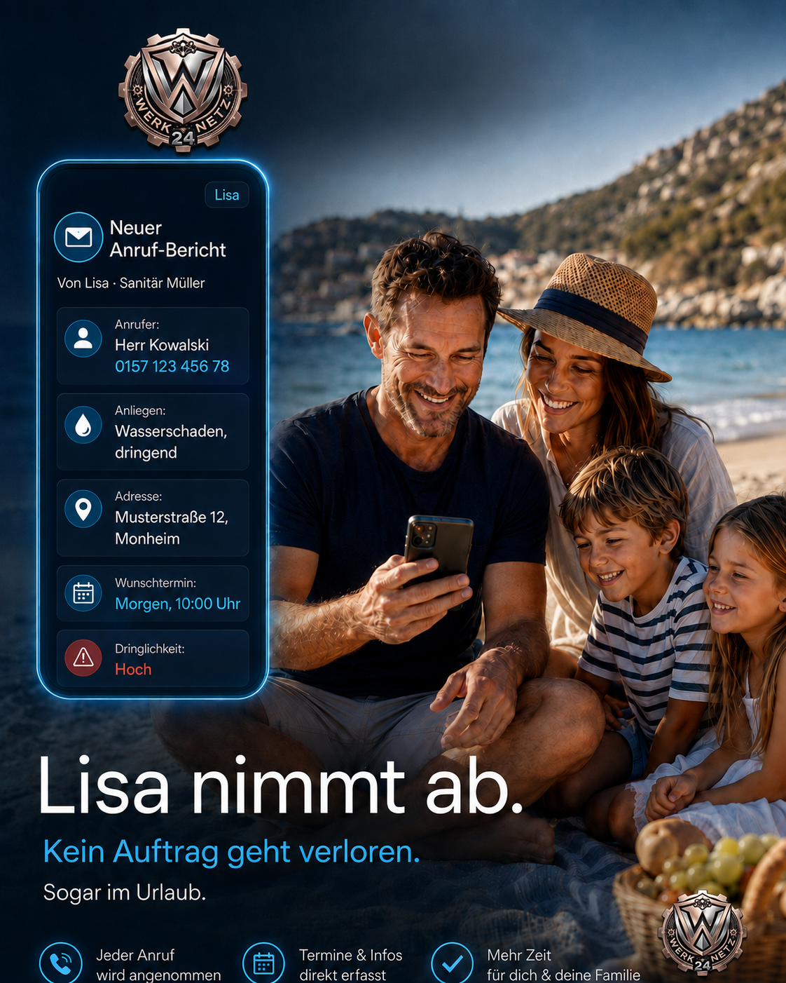 Handwerker im Urlaub mit Familie, während Lisa weiterhin Anrufe annimmt